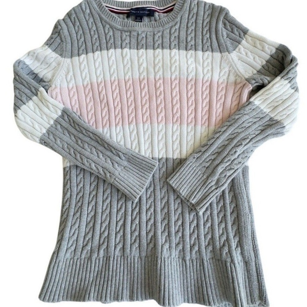 Tommy Hilfiger Sweater Gray Pink Striped Cable Knit Preppy Classic Kids Large